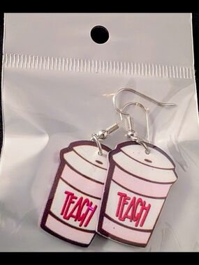Hand Crafted Pink and White 'Teach' Coffee Cup Earrings